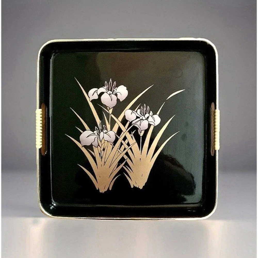VINTAGE JAPANESE LACQUER SQUARE SERVING TRAY BLACK GOLD IRIS FLOWER WICKER